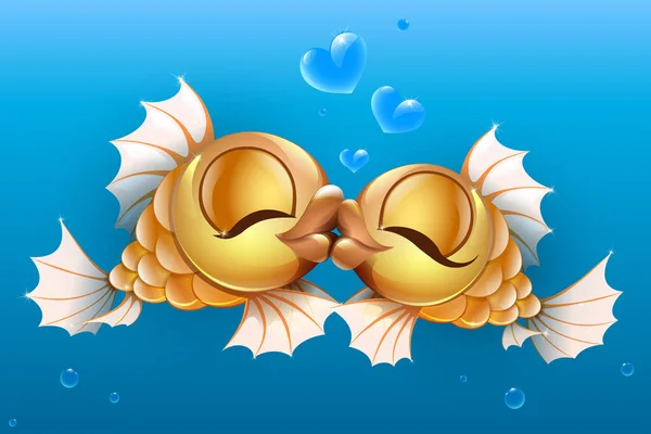 Pár Kreslených Zlatých Rybiček Líbat Srdcem Bubliny Valentýnské Přání — Stockový vektor