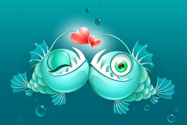 Funny Cartoon Anglerfish Couple Love Heart Lure Sea Animals Sea — Stockový vektor