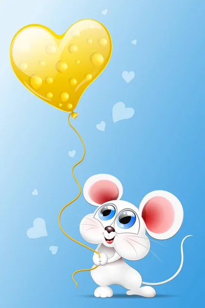 Cute Cartoon Mouse Cheese Balloon Heart Valentine Day Card — Stockvektor