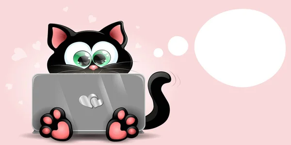 Cute Black Cat Laptop Sale Valentine Concept — Stok Vektör