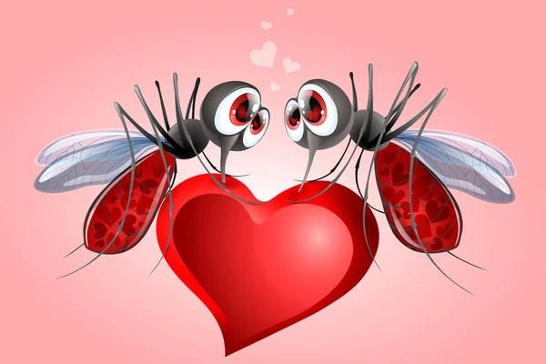 Funny Mosquito Date Cartoon Close Valentine Day Concept Card — Stockvektor
