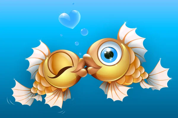 Couple Cartoon Gold Fishes Kiss Heart Bubbles Valentine Day Card — Stock vektor