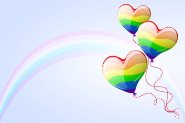 Cartoon rainbow heart shape balloons on the blue background with rainbow