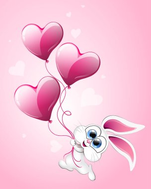 Cute cartoon Bunny with heart balloons in his hands flies away. Valentine's day card.