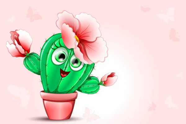 Gülen Komik Çizgi Film Cactus Kızı Büyük Çiçekli Tatlı Gülüşlü — Stok Vektör
