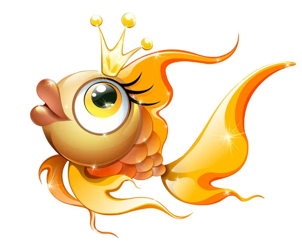 Симпатичный Мультфильм Волшебная Золотая Рыбка Короной Изолированная Белом Фоне — стоковый вектор