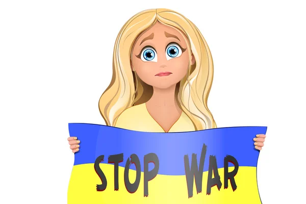 Upprörd Blond Flicka Med Ukransk Flagga Händerna Inget Krigskoncept — Stock vektor