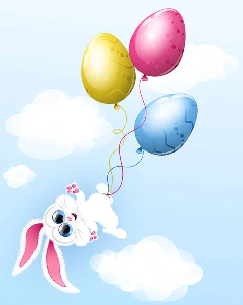 Paskalya Yumurtası Şeklinde Balonları Olan Sevimli Çizgi Film Tavşanı Uçup — Stok Vektör