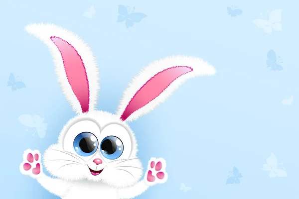 Mavi Arka Planda Kelebekleri Olan Sevimli Çizgi Film Komik Tavşan — Stok Vektör