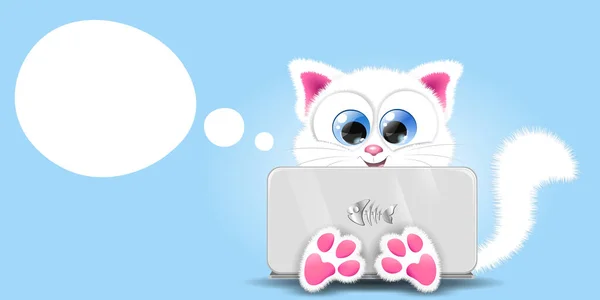 Laptopun Arkasında Sevimli Tüylü Beyaz Kedi Ndirim Uzaktan Eğitim Kavramı — Stok Vektör