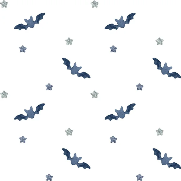 Simple Halloween Pattern Silhouettes Bats Stars Watercolor Illustration White Background — Stock Photo, Image