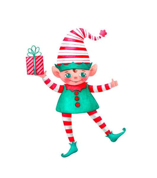 Pequeno Elfo Natal Alegre Tem Presente Numa Mão Outra Mostra — Fotografia de Stock