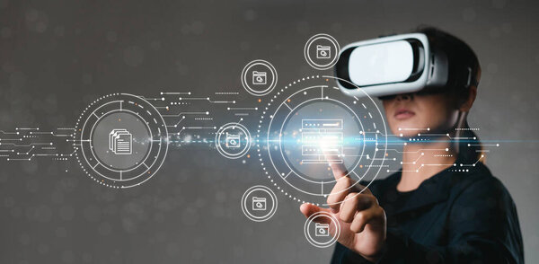 Woman wearing VR glasses virtual global internet connection metaverse, document management system. Metaverse technology concept with icons Efficient file management, future technology, metaverse virtual world.