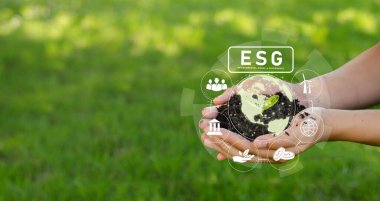 Mobile planting trees ESG icon concept circulating in hand for environment, society and governance SG in sustainable business Use renewable resource technology to reduce pollution. clipart