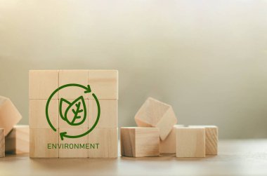 Dairesel ekonomi sektöründe ahşap blok, geri dönüşüm, çevre, yeniden kullanım, üretim, atık, tüketici, kaynak, sürdürülebilir kalkınma konularındaki yeşil çevre kavramı.