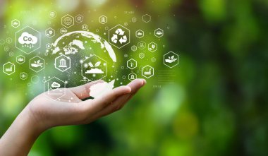 ESG simge konsepti. Çevre, toplum ve yönetim. Yeşil arka planda ağ bağlantısı üzerine sürdürülebilir ve etik iş enerjisi.