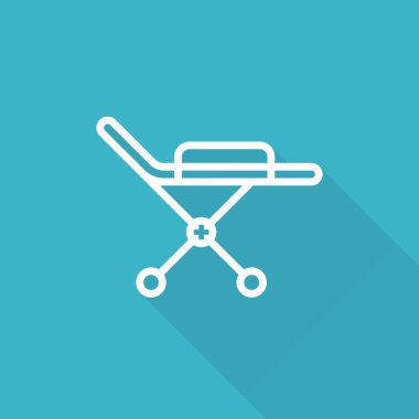 Uzun gölgeli tıbbi sedye sembolü. İlk yardım ve hastane ekipmanları düz simge tasarımı.