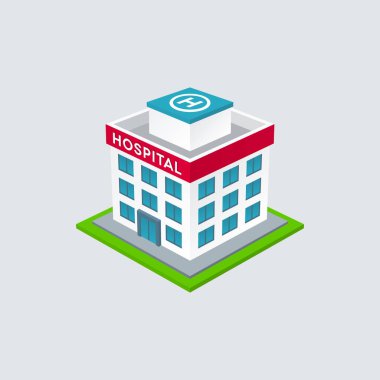 Beyaz arka planda Isometric hastane binası. Tıbbi merkez vektör tasarımı.