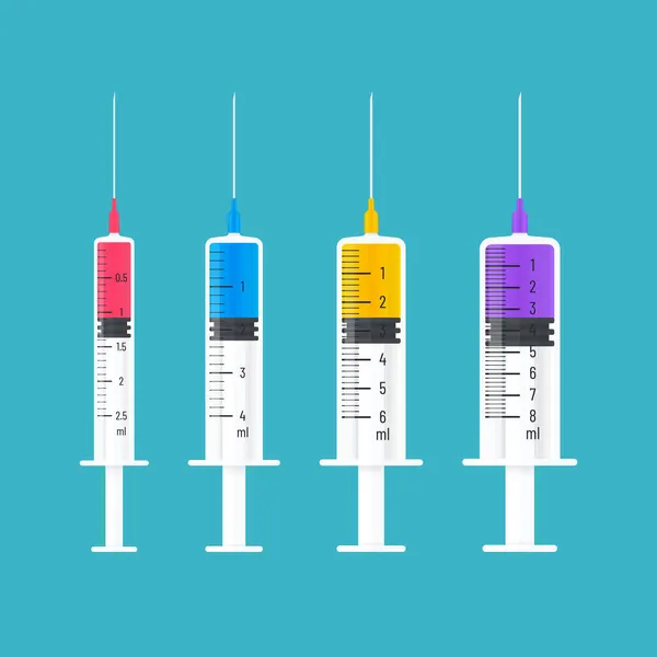Einwegspritzen Verschiedenen Größen Und Farben Design Des Impfvektors Stockillustration