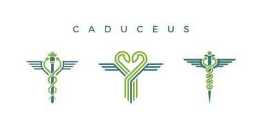 Caduceus yılanları, tacı ve kanatları olan ikonları izole etti. Tıbbi vektör logosu ayarlandı.