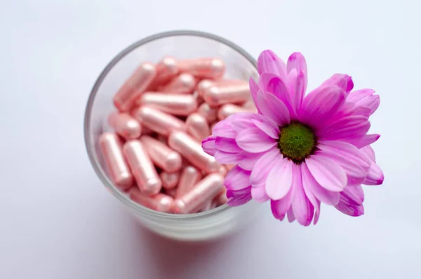 Beyaz arka planda pembe tıbbi kapsüllerle dolu şeffaf camlardan büyüyen pembe kasımpatı çiçeği. Üst görünüm.