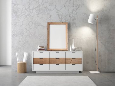 Dikey Tahta Poster Frame Mockup modern büronun içinde duruyor, 3D görüntüleme