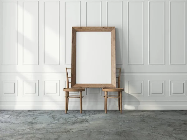 白い部屋の2つの木製の椅子に立っ垂直木製のフレームモックアップ — ストック写真