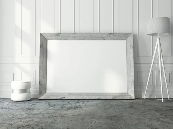 Bílý Horizontální Dřevěný Rám Mockup Stojí Blízkosti Podlahové Lampy Bílé — Stock fotografie