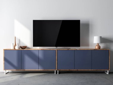Modern iç mekanda mavi büronun üstünde duran akıllı ekran modeli