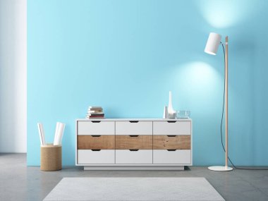 Modern ahşap klozet TV konsolu boş odada, açık mavi duvarlı, 3D görüntüleme