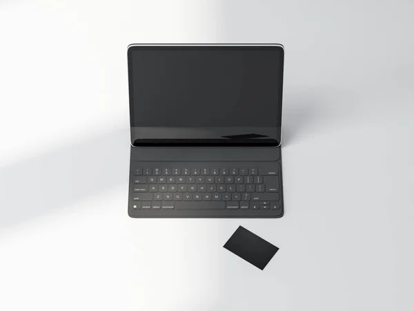 白いテーブルの上に黒いキーボードカバー付きデジタルタブレットモックアップ 3Dレンダリング — ストック写真