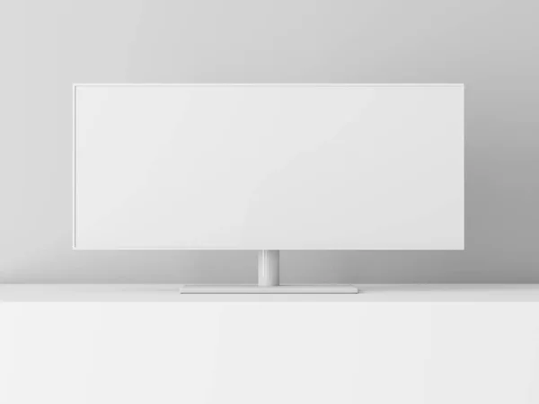 Широкий Монитор Белый Глиняный Макет Чистым Экраном Белом Кубе Рендеринг — стоковое фото