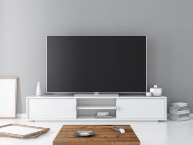 Beyaz klozette akıllı televizyon, gri duvarlı oturma odası. 3d oluşturma