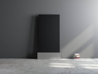Vertical Smart Tv mockup for media standing near gray wall in living room, 3d rendering
