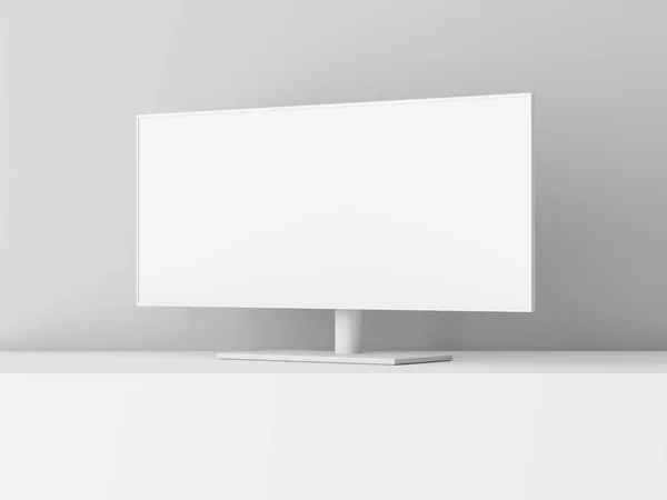 Λευκό Πηλό Monitor Mockup Κενή Οθόνη Λευκό Κύβο Απόδοση — Φωτογραφία Αρχείου