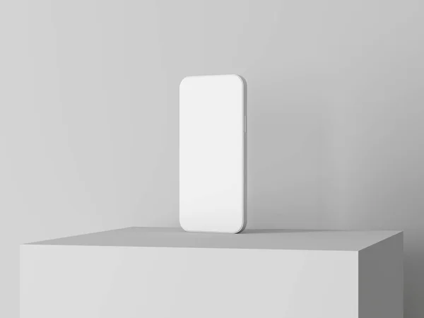 White Clay Smartphone Mockup White Cube Rendering Imagen de stock