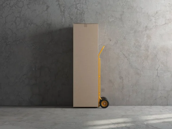 Large Box Mockup Refrigerator Hand Truck Warehouse Concrete Walls Rendering — Zdjęcie stockowe