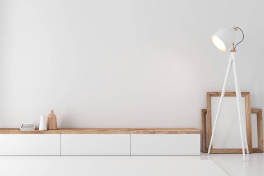 Modern white bureau or tv console mockup in empty living room, 3d rendering