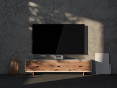 Large Tv Mockup in living room with gray wall. 3d rendering