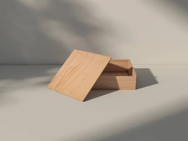 Opened Wooden Plywood Box Mockup White Table Shadows Rendering Imagen de stock