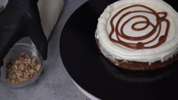 Gâteau Aux Carottes Crème Blanche Saupoudrer Noix Grenoble — Video