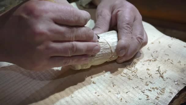 Carpenter Carves Delicate Strokes Wooden Owl Figurine Close — Stock Video