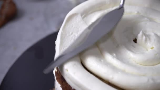 スポンジケーキに白いクリームを塗ります 音との緊密化 — ストック動画