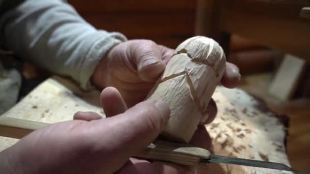 Menuisier Tourne Dans Ses Mains Une Figurine Presque Finie Hibou — Video
