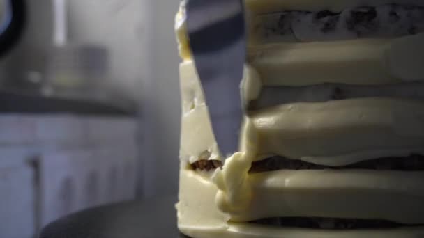 Кілька Ліній Білого Шоколадного Крему Намазують Боці Губчастого Торта — стокове відео