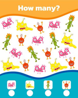 Çocuklar için renkli matematik oyunu. Ne kadar çok sevimli canavar var. Vektör illüstrasyonu.