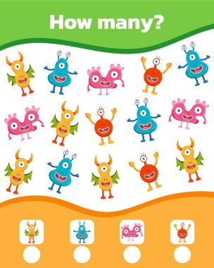 Çocuklar için renkli matematik oyunu. Ne kadar çok sevimli canavar var. Vektör illüstrasyonu.