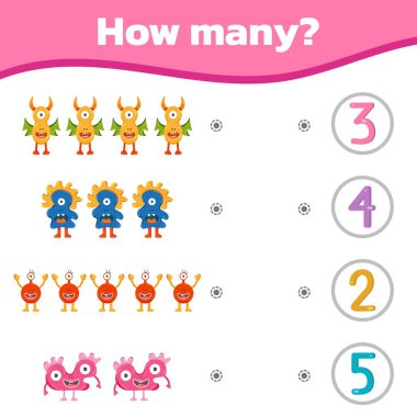 Çocuklar için renkli matematik oyunu. Ne kadar tatlı elementler var. Vektör illüstrasyonu.