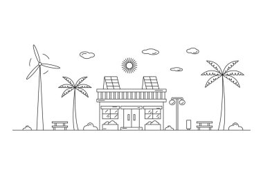 Çevre çizgileriyle çizilmiş yerleşim binası manzarası. Düzenlenebilir felç. Enerji tasarrufu. Satır sanat tarzında vektör illüstrasyonu.