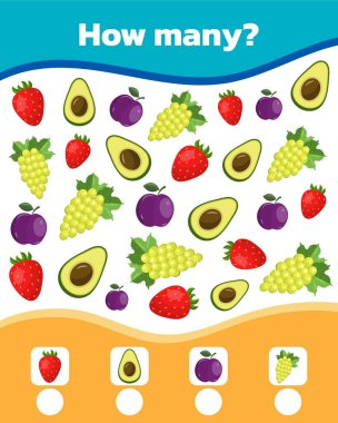 Anaokulu çocukları için oyun saymak. Eğitici bir matematik oyunu. Kaç nesne sayıp sonucu yazın. Vektör illüstrasyonu